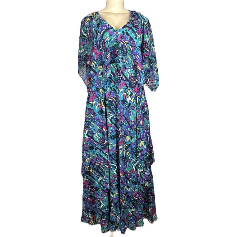 Vicky Tiel M Teal Abstract Peacock V-Neck Layers Lined Zip 1/2 Sleeve Maxi Dress - Picture 2 of 6